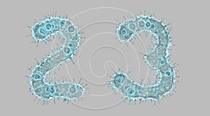 Alphabet made of virus isolated on gray background. Set of numbers 2, 3. 3d rendering. Covid font