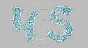 Alphabet made of virus isolated on gray background. Set of numbers 4, 5. 3d rendering. Covid font