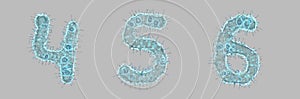 Alphabet made of virus isolated on gray background. Set of numbers 4, 5, 6. 3d rendering. Covid font