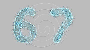 Alphabet made of virus isolated on gray background. Set of numbers 6, 7. 3d rendering. Covid font