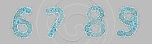 Alphabet made of virus isolated on gray background. Set of numbers 6, 7, 8, 9. 3d rendering. Covid font