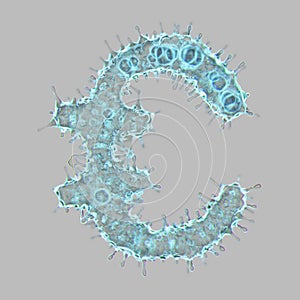 Alphabet made of virus isolated on gray background. Symbol euro. 3d rendering. Covid font