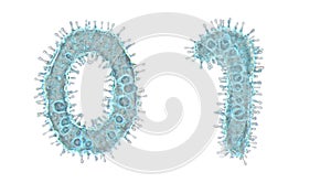 Alphabet made of virus isolated on white background. Set of numbers 0, 1. 3d rendering. Covid font