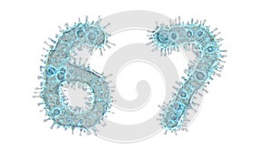 Alphabet made of virus isolated on white background. Set of numbers 6, 7. 3d rendering. Covid font