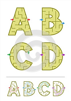 Alphabet maze games A, B, C, D