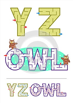 Alphabet maze games Y, Z and word maze OWL