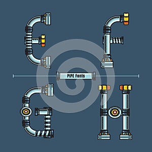 Alphabet Metal pipes style in a set EFGH fonts comic vector