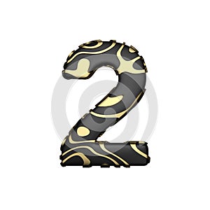 Alphabet number 2. Black carbonic font with yellow golden stains. 3D render isolated on white background.