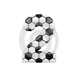 Alphabet number 2. Soccer font made of football texture. 3D render isolated on white background.