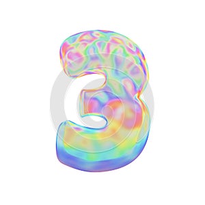 Alphabet number 3. Funny font made of colorful soap bubble. 3D render isolated on white background.