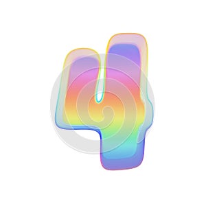 Alphabet number 4. Rainbow font made of bright soap bubble. 3D render isolated on white background.