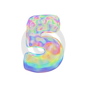 Alphabet number 5. Funny font made of colorful soap bubble. 3D render isolated on white background.