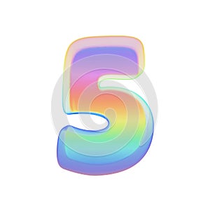 Alphabet number 5. Rainbow font made of bright soap bubble. 3D render isolated on white background.