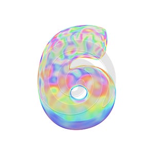 Alphabet number 6. Funny font made of colorful soap bubble. 3D render isolated on white background.