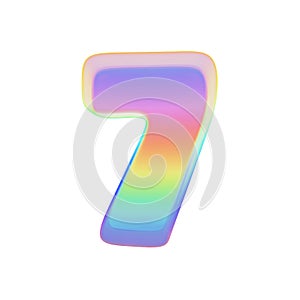 Alphabet number 7. Rainbow font made of bright soap bubble. 3D render isolated on white background.