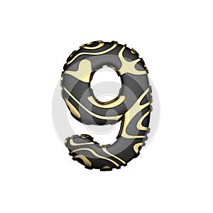Alphabet number 9. Black carbonic font with yellow golden stains. 3D render isolated on white background.