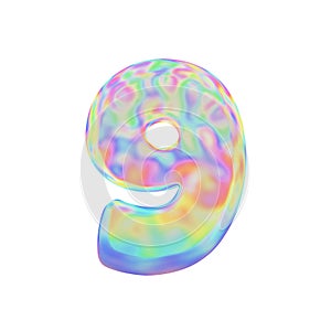 Alphabet number 9. Funny font made of colorful soap bubble. 3D render isolated on white background.