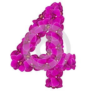 Alphabet number four from orchid flowers isolated on white background.