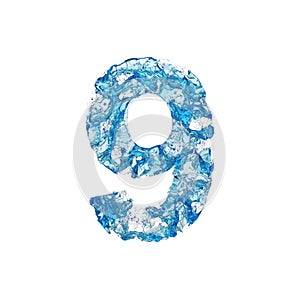 Alphabet number 9. Liquid font made of blue transparent water. 3D render isolated on white background. photo