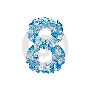 Alphabet number 8. Liquid font made of blue transparent water. 3D render isolated on white background. photo