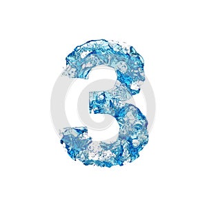 Alphabet number 3. Liquid font made of blue transparent water. 3D render isolated on white background. photo