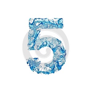 Alphabet number 5. Liquid font made of blue transparent water. 3D render isolated on white background. photo