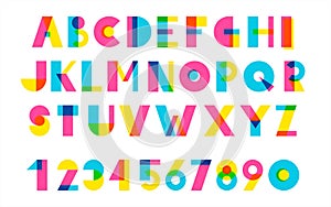 Alphabet, numbers illustration, brutalist geometric font style, riso, risograph print effect