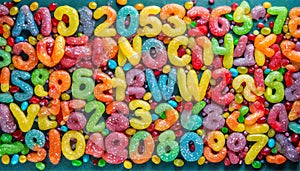 Alphabet with numbers, made with photo of brightly coloured jelly bean sweets as the background