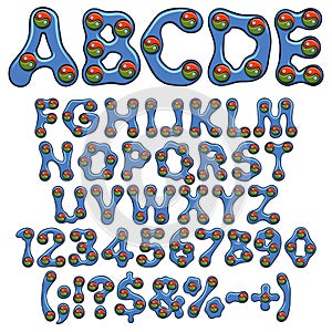 Alphabet, numbers and signs are the four elements and are yin yang. Set of color vector isolated objects.