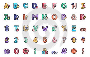 Alphabet and Numpers Lineal Color Icon Set With Examples in letters, Funny Alphabet and numbers For Kids And Childern