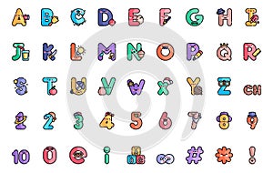 Alphabet and Numpers Lineal Color Icon Set With Examples in letters, Funny Alphabet and numbers For Kids And Childern photo