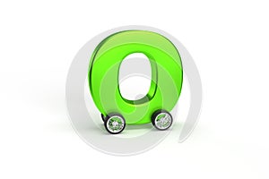 Alphabet O as car with wheels isolated in green on an isolated white background