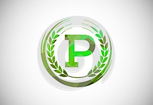 Alphabet P sign with a wheat wreath. Polygonal low poly organic wheat farming logo concept. Agriculture logo design vector