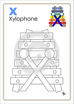 Alphabet Picture Letter `X` Colouring Page. Xylophone Craft.