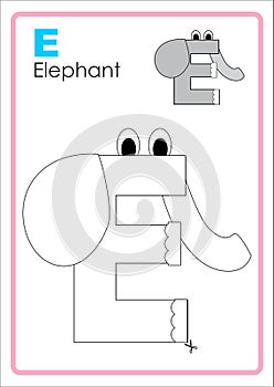 Alphabet Picture Letter `E` Colouring Page. Elephant Craft.