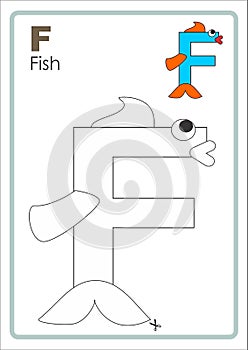 Alphabet Picture Letter `F` Colouring Page. Fish Craft.