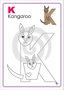 Alphabet Picture Letter `K` Colouring Page. Kangaroo Craft.