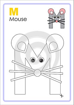 Alphabet Picture Letter `M` Colouring Page. Mouse Craft.