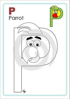 Alphabet Picture Letter `P` Colouring Page. Parrotl Craft.