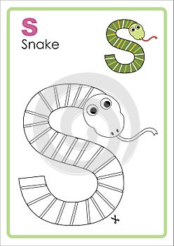 Alphabet Picture Letter `S` Colouring Page. Snake Craft.