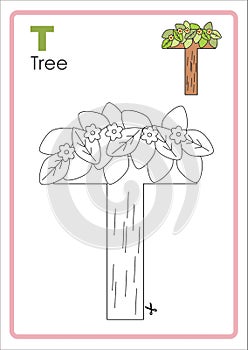 Alphabet Picture Letter `T` Colouring Page. Tree Craft.