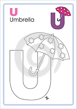 Alphabet Picture Letter `U` Colouring Page. Umbrella Craft.