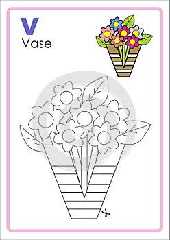 Alphabet Picture Letter `V` Colouring Page. Vase Craft.