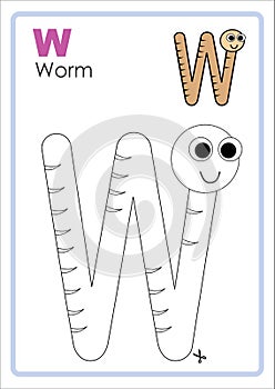 Alphabet Picture Letter `W` Colouring Page. Worm Craft.