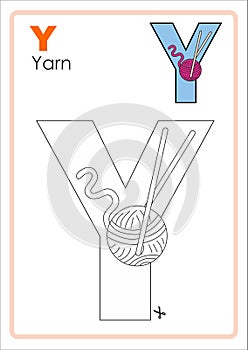 Alphabet Picture Letter `Y` Colouring Page. Yarn Craft.