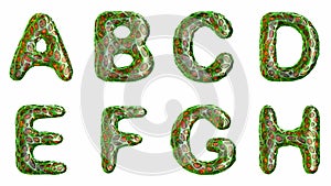 Alphabet from plastic with abstract holes isolated on a white background. A B C D E F G H . 4K