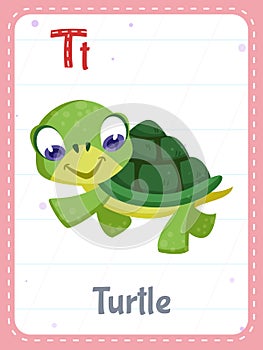 Alphabet printable flashcard with letter T and turtle animal