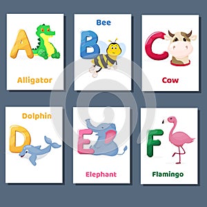 Alphabet printable flashcards vector collection with letter A B C D E F. Zoo animals for english language education.