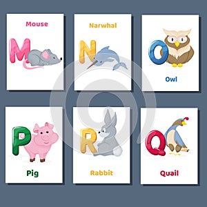 Alphabet printable flashcards vector collection with letter M N O P Q R. Zoo animals for english language education.