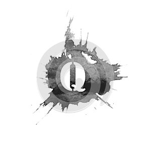 Alphabet Q, letter typography design, ink splash grunge watercolor splatter, isolated on white